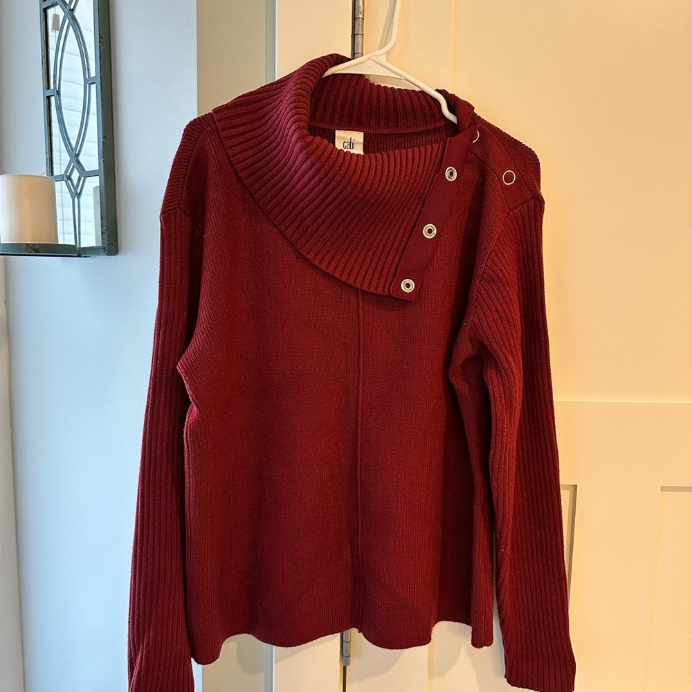 CAbi Pushover Pullover Cowl Neck Sweater with buttons on the neck